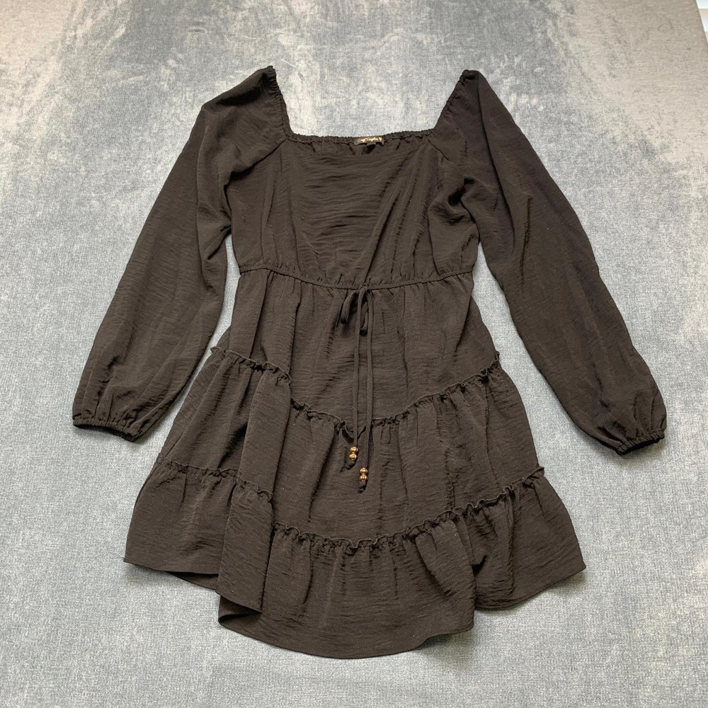City Triangles Peasant Dress Women Medium Black Square Neck Tie Waist Ruffle Hem